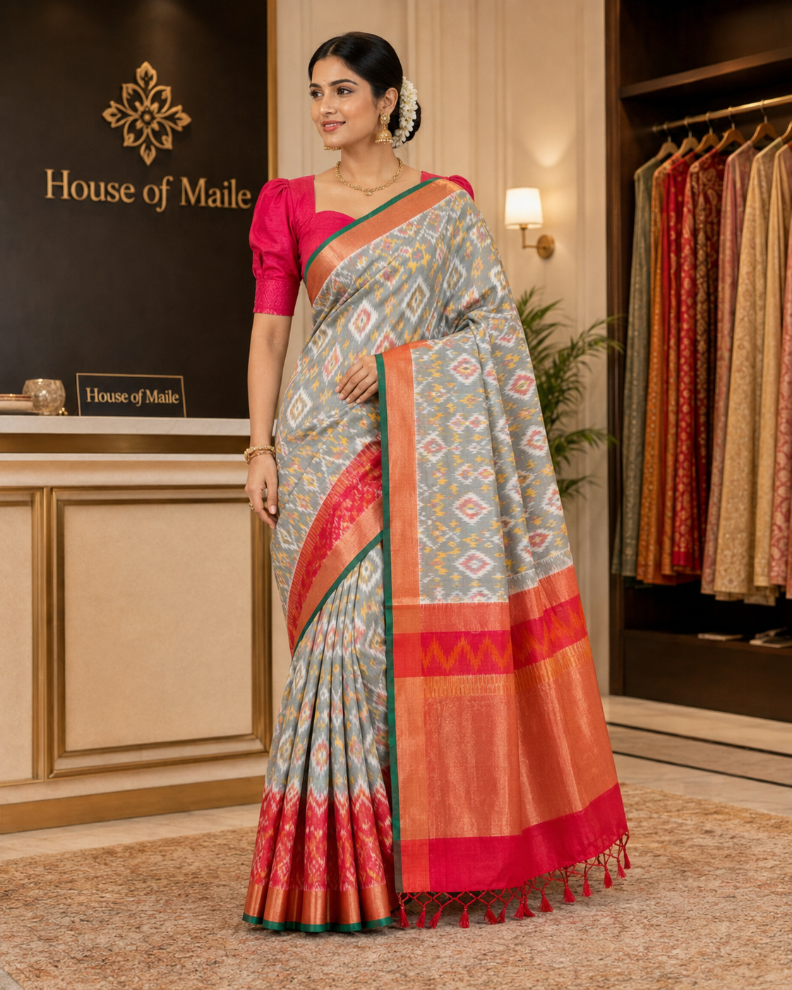 Grey Multicolor Ikat-Style Saree with Contrast Red Pallu and Unstitched Blouse Piece