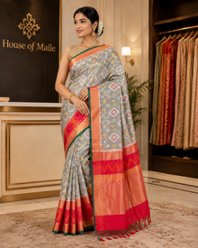 Grey Multicolor Ikat-Style Saree with Contrast Red Pallu and Unstitched Blouse Piece
