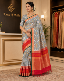Grey Multicolor Ikat-Style Saree with Contrast Red Pallu and Unstitched Blouse Piece