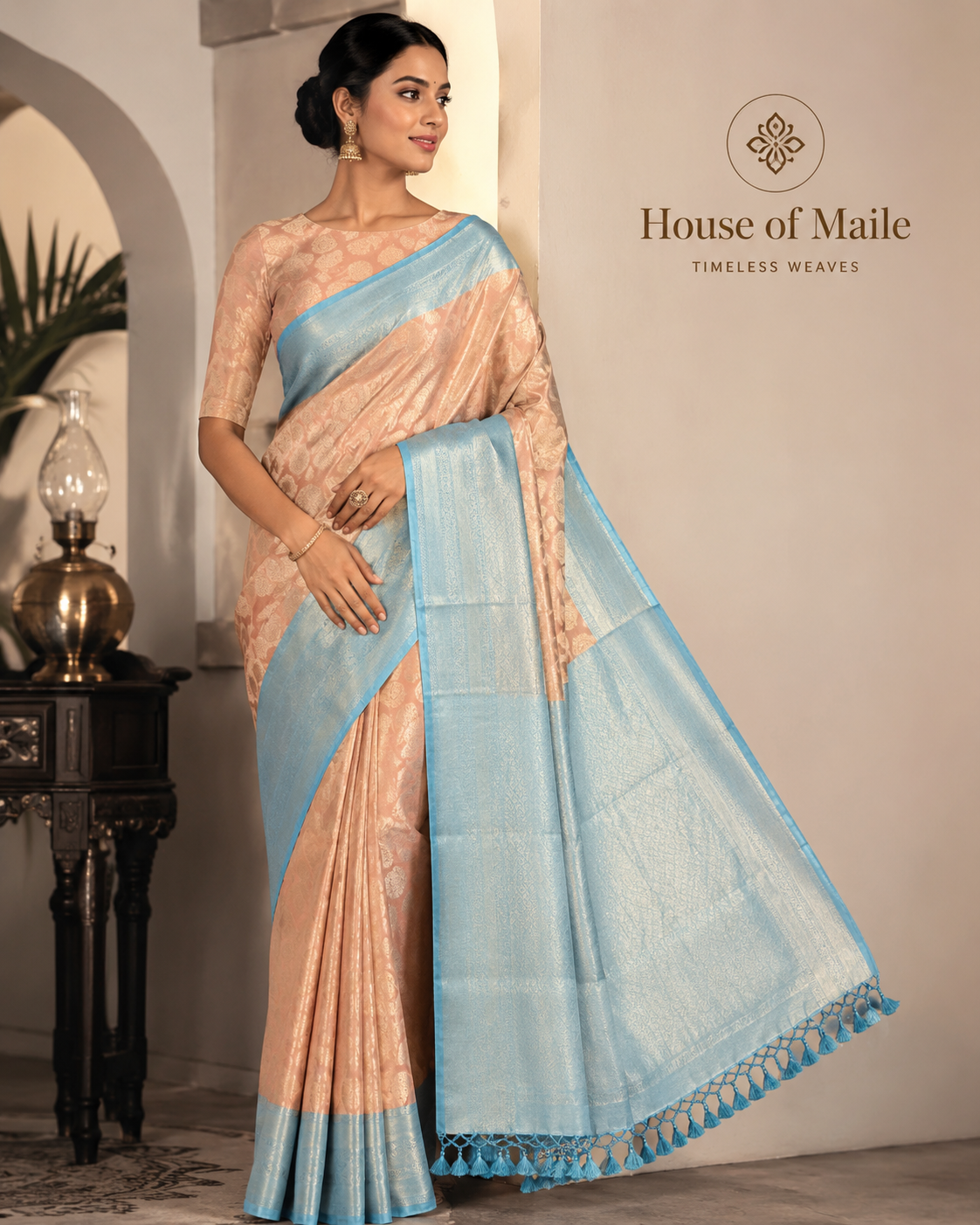 Peach and Sky Blue Pure Silk Saree with Woven Border, Tassels and Unstitched Blouse Piece