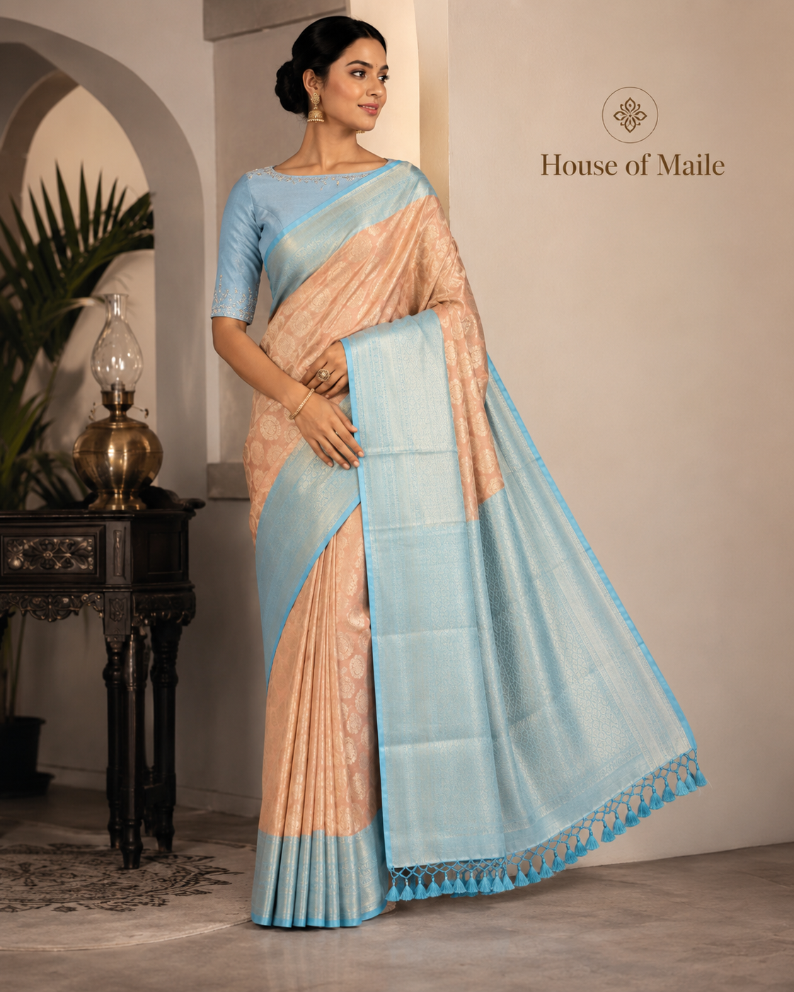 Peach and Sky Blue Pure Silk Saree with Woven Border, Tassels and Unstitched Blouse Piece