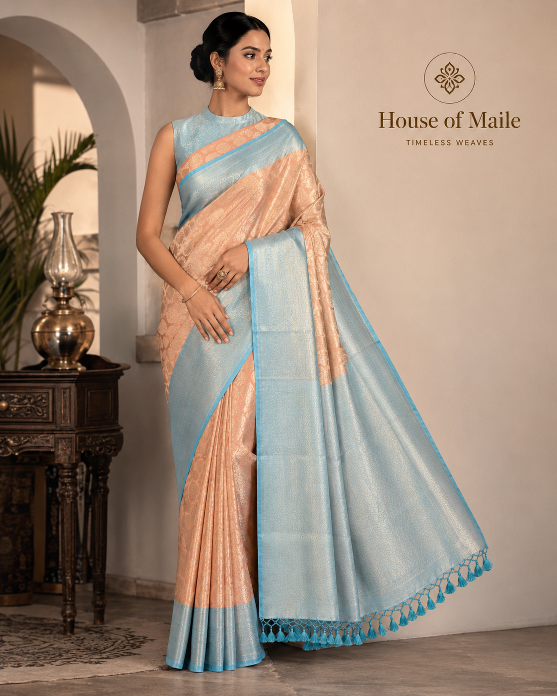 Peach and Sky Blue Pure Silk Saree with Woven Border, Tassels and Unstitched Blouse Piece
