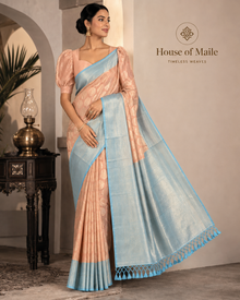 Peach and Sky Blue Pure Silk Saree with Woven Border, Tassels and Unstitched Blouse Piece