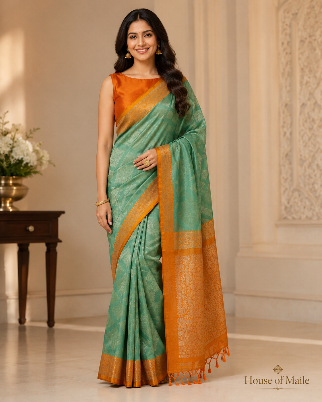 Sage Green and Burnt Orange Pure Silk Saree with Woven Pallu, Tassels and Unstitched Blouse Piece