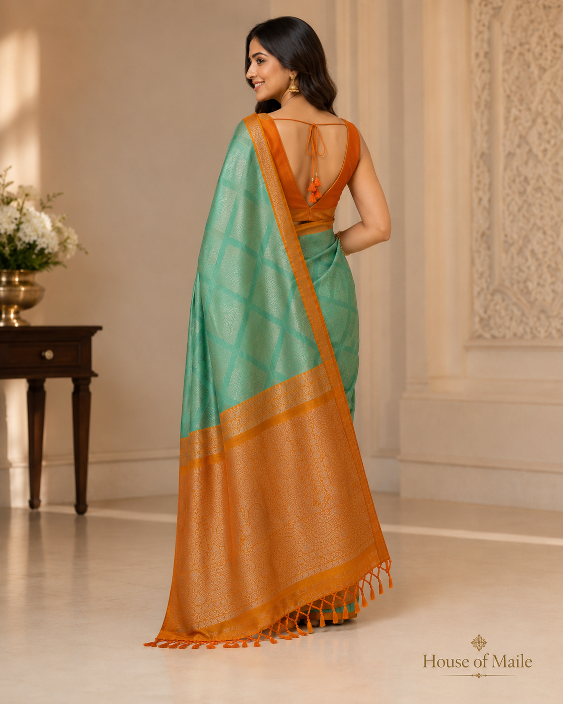 Sage Green and Burnt Orange Pure Silk Saree with Woven Pallu, Tassels and Unstitched Blouse Piece