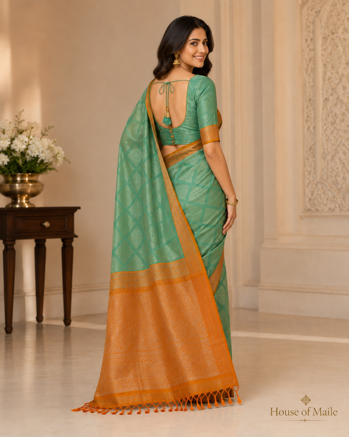 Sage Green and Burnt Orange Pure Silk Saree with Woven Pallu, Tassels and Unstitched Blouse Piece