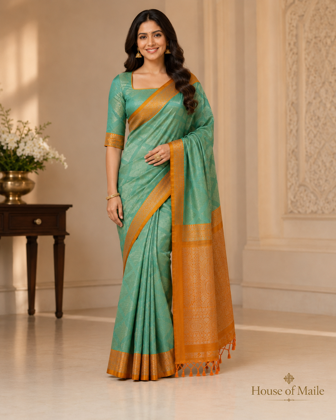 Sage Green and Burnt Orange Pure Silk Saree with Woven Pallu, Tassels and Unstitched Blouse Piece