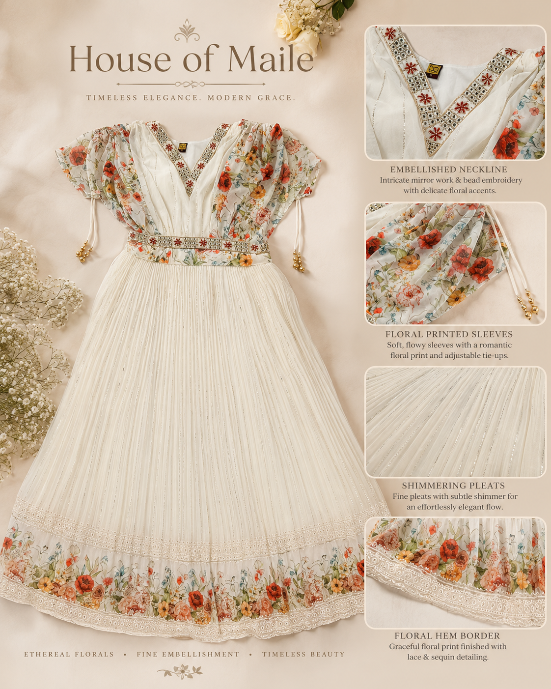 Ivory Floral Ready-to-Wear Lehenga Set with adjustable Puff-Sleeve Blouse and Can-Can